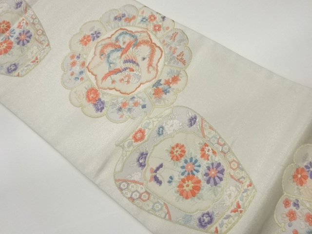 JAPANESE KIMONO / VINTAGE FUKURO OBI / WOVEN FLORAL PLANTS & PHOENIX